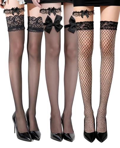 ALONK 3 Paar Netzstrumpfhose Schwarz mit 3 Strumpfband, Halterlose Strümpfe für Damen, Oberschenkelhohe Strümpfe mit Strumpfhalter, Spitzen Halterlose Strümpfe Damen Sexy