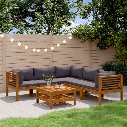 IKAYAA Lounge Set Holz, Ecklounge Outdoor, Gartenmöbel Set mit Kissen, Terrassenmöbel außen, Balkon Lounge Dunkelgrau, Loungemöbel Set für Balkon, Garten, 6-TLG