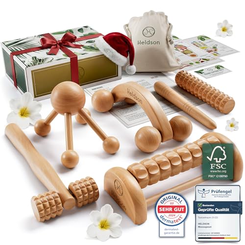 HELDSON® Premium Massage Set Holz [6 Teile] FSC®100% - Diverse Massagegeräte & Massage Roller - Fußmassage, Kopfmassage, Triggerpunkt Drücker - Entspannung Therapie Tools - Anti Cellulite, Stress