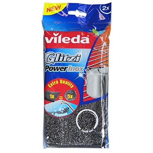 Vileda Glitzi Power INOX, Stahlschwamm gegen hartnäckige Verschmutzungen, länger haltbar, hygienische Reinigung, Härtegrad 3, 2er Pack