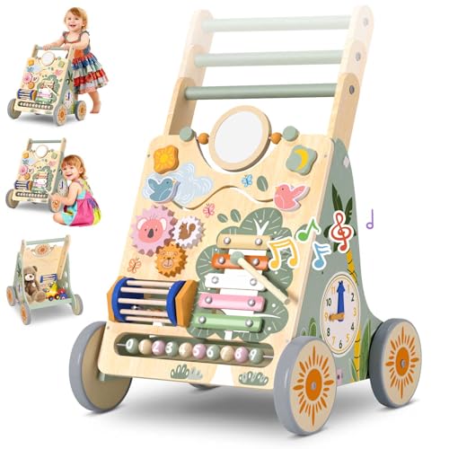 Baby Lauflernwagen Holz, Baby Lauflernhilfe Höhen- und Geschwindigkeitsverstellbar, Montessori Spielzeug ab 1 Jahr, Baby Walker für Jungen und Mädchen, Geschenk zu Weihnachten und Geburtstag