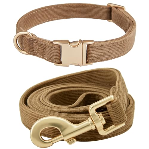 YUDOTE Hundehalsband und Leine Set Klein, Weiche Reizfreie Cord-Halsband-Leine Passende Combo für Den Täglichen Spaziergang, Braun