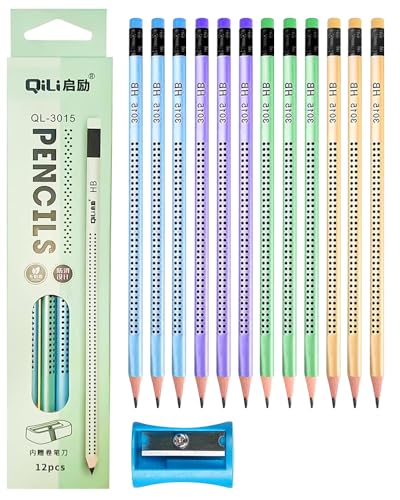 12 Stück HB Bleistifte, Holzbleistifte Set, mit Radiergummi und Spitzer, Bleistifte Kinder Rutschfest, Bleistift Dreikant Mehrfarbig, Graphitstift für Prüfungen, Schule, Büro, Zeichnen und Skizzieren