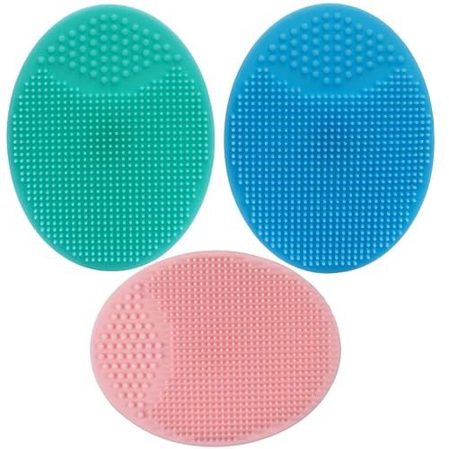 MMSGA Silikon Baby-Badebürste, Kopfhaut-Massagebürste, Babybettbürste, Shampoo, manuelle Gesichtsreinigungsbürste für Erwachsene, Peeling-Bürste, ultraweiches Silikonpinsel (Blau+Rosa+Grün)