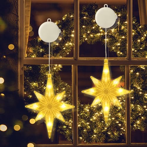 CNMTCCO 2 Stück LED Sterne Weihnachtsbeleuchtung,LED Sterne weihnachtsdeko, Weihnachtsstern Fenster, Timer, Saugnapf,Stern Fenster Lichter für innen und außen, Hochzeit und Weihnachtsdekoration