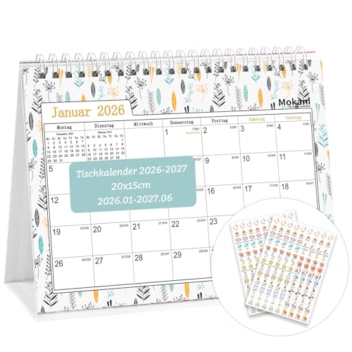 MOKANI Tischkalender 2026, Kleiner Monatskalender 2026-2027 von Januar 2026 bis Juni 2027, 18 Monate Schuljahr Flip-Stehkalender 2026 mit 234 Aufklebern - 20x15cm