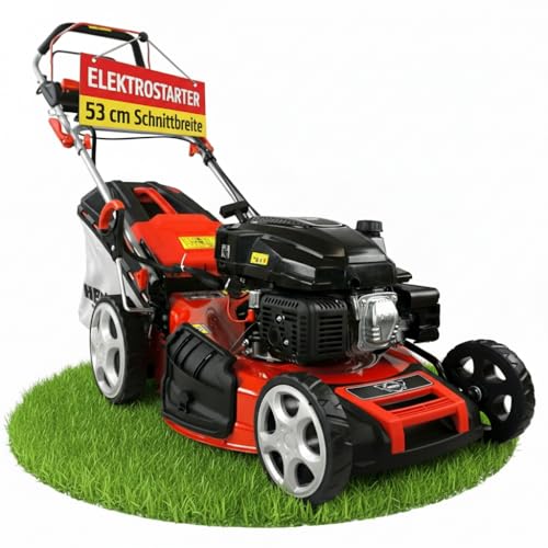 HECHT 5-IN-1 Benzin Rasenmäher – leistungsstarker 4 Takt Eco Motor 4,4 kW (6,0 PS) – Elektrostart – 53 cm Schnittbreite – 75 l Fangkorb – Radantrieb – patentierte Räder – Mulchmäher