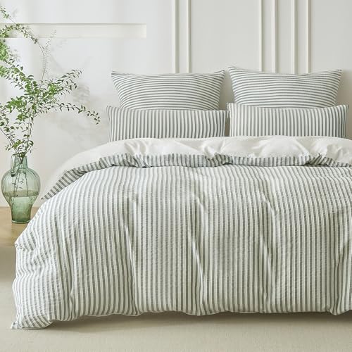 SOULFUL Bettwäsche 155x220 Baumwolle Gestreift, Jacquard Gewaschene Baumwolle Boho Bettwäsche-Sets mit Reißverschluss Öko-Tex 100 Zertifiziert-Salbei Grün