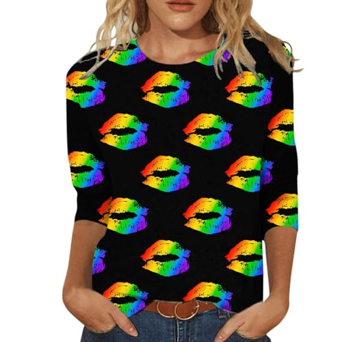 QJDFLL Damen T Shirt mit Aufschrift „Happy Holidays Bedruckt 3/4 Ärmel O Ausschnitt Bluse kostüm Karneval Familie Fasching rot und weiß(Schwarz,M)