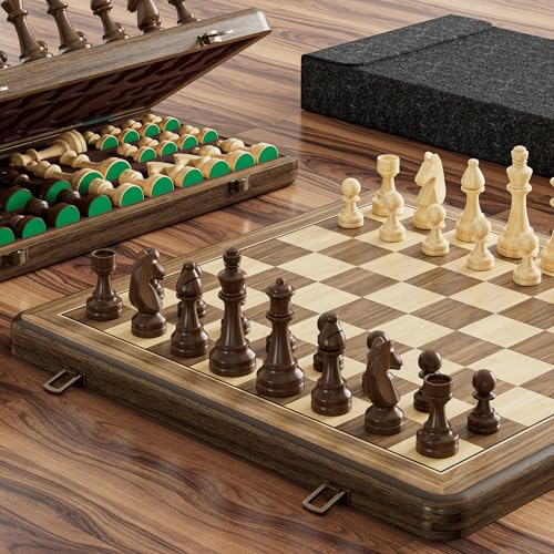 Magnetisches Schachspiel 15 Zoll (38 cm) – Klappbares Schachbrett aus Kautschukholz mit kaffeebraunen doppelseitigen Aufbewahrungseinlagen, 2 Ersatz-Damen & Staubschutzbeutel (Vintage)
