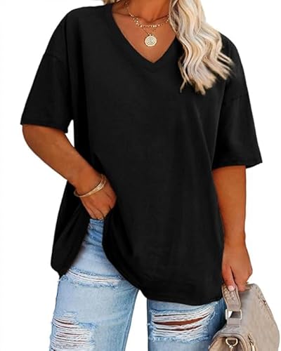 Fisoew Damen Große Größen T-Shirt Halbarm Shirt mit V-Ausschnitt Sommer Lose Basic Oberteil Oversize Kurzarm Baumwolle Tee Tops(Schwarz, 5XL)