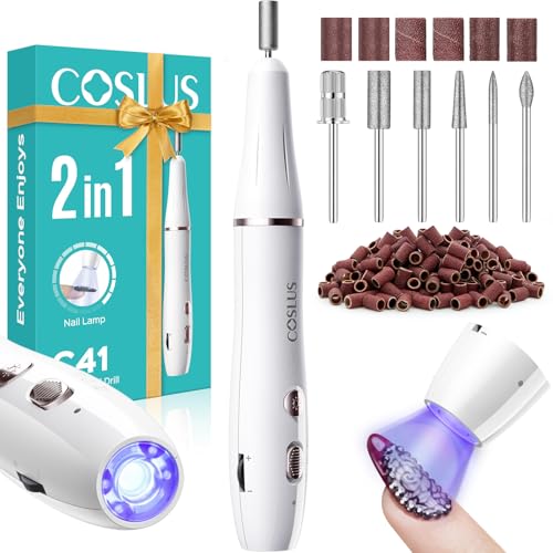 COSLUS Professionell Nagelfräser Kabellos Tragbar: Elektrische Nagelfeile Stufenlos mit Licht für Gelnägel Nagelhaut, Maniküre Pediküre set für Anfänger Nagelstudio, mit Metallbohrer & USB-C Ladegerät