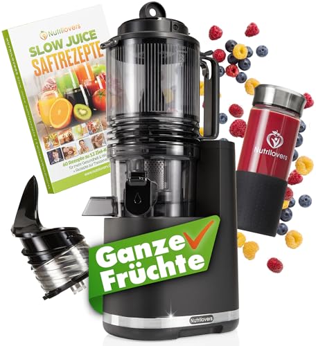 Nutrilovers Slow Juicer NUTRI-PRESS MAX Ganze Früchte entsaften Entsafter mit XXL 150 mm Öffnung, BPA-frei inkl. Saft-Flasche, Slow Juice Rezeptbuch