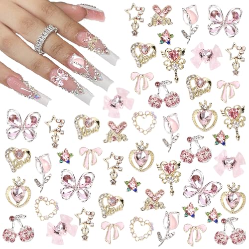 Lilbitty 24 Stück Nagel-Charms, Y2k-Legierung, Nail Art, Strass-Charms, 3D-Herz, Stern, Schleife mit Strasssteinen, Kirsch-Nagel-Edelsteine, glänzender Schmuck, Nageldekorationen, Zubehör