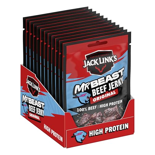 Jack Links Beef Jerky Original – 12er Pack (12 x 25g) – Trockenfleisch Eiweiß Snacks - High Protein Snack für Gym, Fitness, Outdoor - American Food für Menschen - Dörrfleisch Chips aus Rind Fleisch