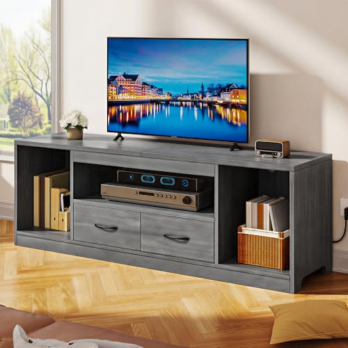 YITAHOME 148cm TV-Schrank für Fernseher bis 65 Zoll, TV Lowboard mit 2 Stoffschubladen & verstellbaren blagen, Grau Holzoptik, Stauraum Entertainment Center für Wohnzimmer