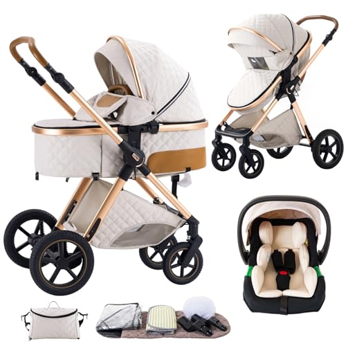 Shineey Kinderwagen 3 in 1,Puppenwagen Buggy Faltbarer Kinderwagen Set, Kombikinderwagen 3 in 1 mit Großer Bequemer Babywanne, Laufwagen Rahmen Aluminiumlegierun (H2 RICEWHITE, H2)