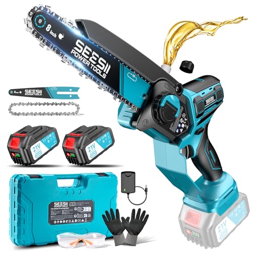 SEESII 6 & 8 Zoll Mini Kettensäge, 1000 W Brushless Kettensäge mit 2 * 4000 mAh Akkus, Kleine Säge mit Automatische Kettenschmierung & Werkzeuglose Kettenspannung, Astsäge Akku für Holz, Ast