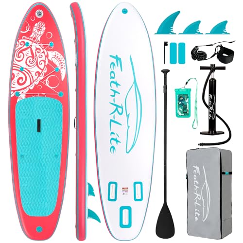 FEATH-R-LITE Aufblasbares Stand Up Paddle Board, Ultraleicht – SUP-Zubehör: Verstellbares Paddel, Pumpe, Rucksack, Leash, Finnen – Für alle Könnerstufen