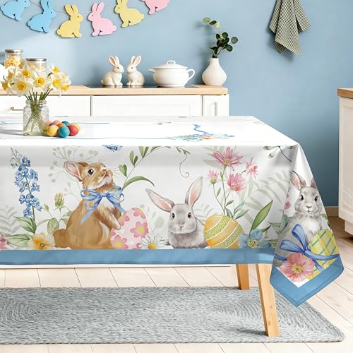Arquiel Ostern Tischdecke Rechteckig Abwaschbar Osterhasen Frühling Tischdecken Polyester Wasserabweisend, Blau Schleife Tischwäsche Dekoration für Küche Garten Party, 152×213 cm