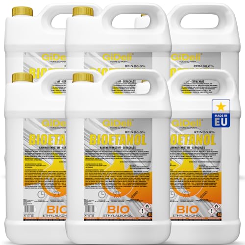 GiDeli Bioethanol 96,6% Geruchlos 30 Liter - Bio Ethanol 6X 5L für Tischkamin, Kamin Indoor & Outdoor - Rauchfrei und Rußfrei - Aus Mais & Zuckerrüben