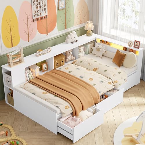 FOREHILL Kinderbett 90 x 200 cm Jugendbett Einzelbett mit LED und Stauraum