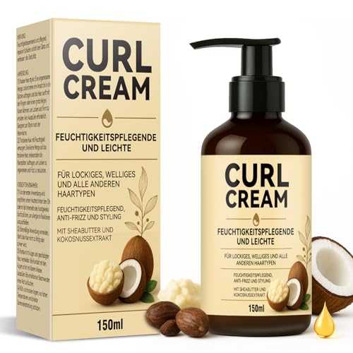 Lockencreme Curl Cream Hydrating mit Kokosöl & Sheabutter, Definierende Naturlocken, Reduziert Frizz, Glanz & Pflege für Lockenhaar, 150 ml