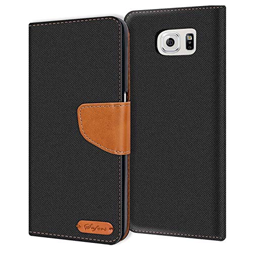 Verco für Galaxy S6 Edge Hülle, Schutzhülle für Samsung Galaxy S6 Edge Tasche Denim Textil Book Case Flip Case Klapphülle, Schwarz