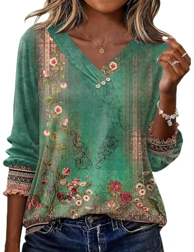 Rapbin Kostüm Damen Fashion V-Ausschnitt T-Shirt 3/4 Arm Oberteil Hawaii Hemd Kühl Für Sommer Bluse Blumen-Grün XL
