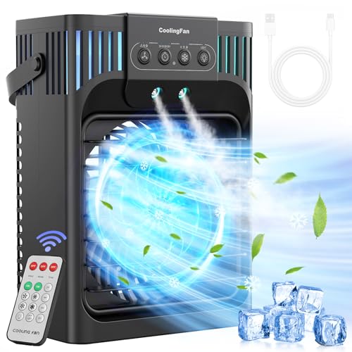 Mobile Klimaanlage mit Fernbedienung,1200 ML Mini Luftkühler mit 3 Luftgeschwindigkeiten & 3 Kühlnebel, 2-8H Timer & 7 LED,Leise Kleine Klimaanlage für Zimmer und Büro(10W)