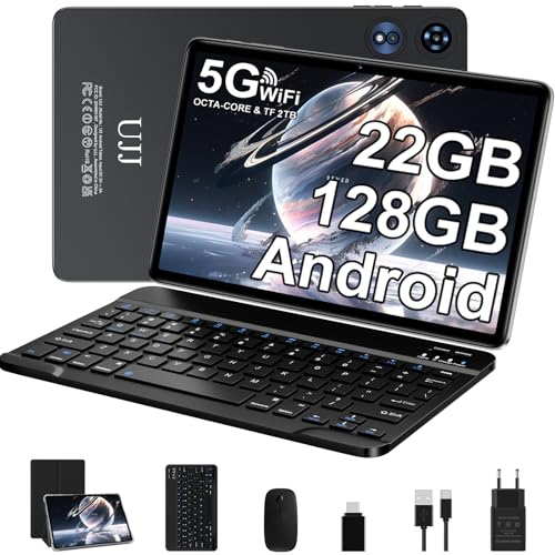 2025 Neueste Tablet 10.1 Zoll Android Octa-Core 22GB RAM+128GB ROM (2TB TF), Widevine L1, 5G+2.4G WiFi, BT 5.0, 8000mAh, 8+5MP, 1280 * 800, GPS, Type C, 2-in-1 Tablet mit Tastatur und Maus - Schwarz