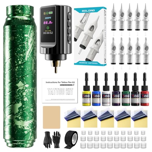 SOLONG Professionelles Tattoo Starter-Set – 1600mAh Kabelloser Tattoo Pen mit 10 Nadelkartuschen, Transferpapier, Komplettes Einsteiger-Set, EF-TK-P753KITCEU-10