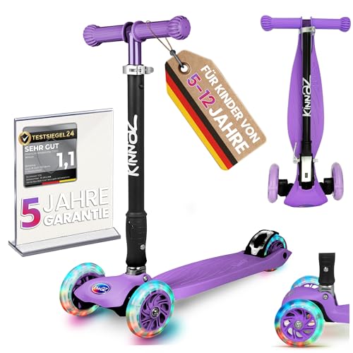 Kinderroller 5-12 Jahre kinnaz Two, Kinder Roller, Roller für Kinder ab 5 Jahre, faltbar, stufenlos Höhe einstellbar, LED Räder, Scooter, 6 7 8 9 Jahre, Schulkind, bekannt aus Focus, aus Hamburg