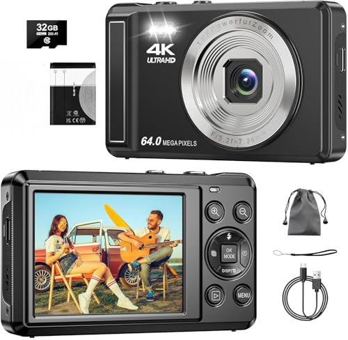 Digitalkamera 4K 64MP, 2.8 Zoll UHD Autofokus Kamera fotokamera, 32GB Karte & Akku,16X Digitalzoom Wiederaufladbare Tragbare Kompaktkameras mit für Kinder Anfänger Jugendliche