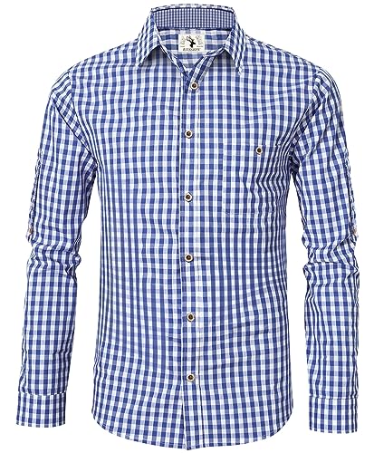 Trachtenhemd Herren Kurzarm Blau Oktoberfest Kariert Langarm Trachten Hemd Freizeithemd Karohemd Baumwolle Slim fit L