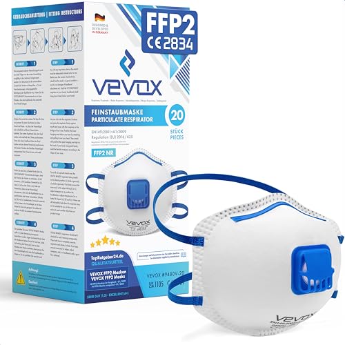 VEVOX® FFP2 Maske mit Ventil – 5er, 10er oder 20er Set – Staubmaske – Atemschutzmaske – Staubschutzmaske – Feinstaubmaske – Atemschutz z.B. gegen Feinstaub, Schleifstaub oder Baustaub