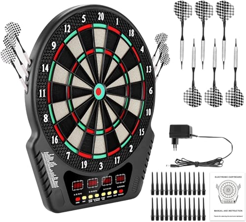 Elektronische Dartscheibe für 1-16 Spieler, E-Dartboards Dartautomat mit 4 LCD-Anzeige und 6 Darts und 24 Pfeilkopf 27 Spiele mit 243 Spieloptionen Profi Elektronik Dartspiel