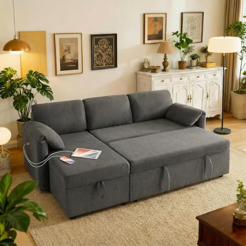 Kingfun 203cm 3-Sitzer Ecksofa mit Schlaffunktion & Bettkasten, Ausziehbares L-Form Schlafsofa mit USB & Stauraum, Kleines Sofa Bett für Wohnung und Wohnzimmer