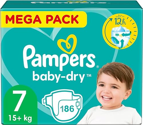 Pampers Baby-Dry Übernachtungswindel, Größe 7 (15+ kg), 186 Stück, Mega Pack 1 Monat, bis zu 12 Stunden, trocken und mit doppelter Rückseite, auslaufsicher, jetzt mit mehr Windeln