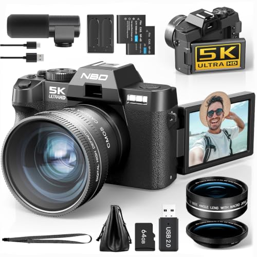 NBD 5K Digitalkamera 64MP, Autofokus, 16X Digitalzoom | 3 Zoll 180° Klappdisplay, WLAN, Mikrofon, Weitwinkel/Makro, 2 Akkus, 64GB Karte, Vlogging, Reisen, Anfänger