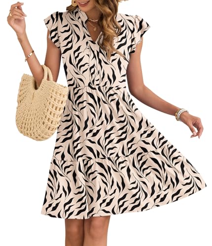 AUSELILY Damen Sommerkleid V-Ausschnitt Kleider Rüschen Ärmel Minikleid Elastische Taille Freizeitkleid mit Taschen Aprikosen Schwarzes Blatt M