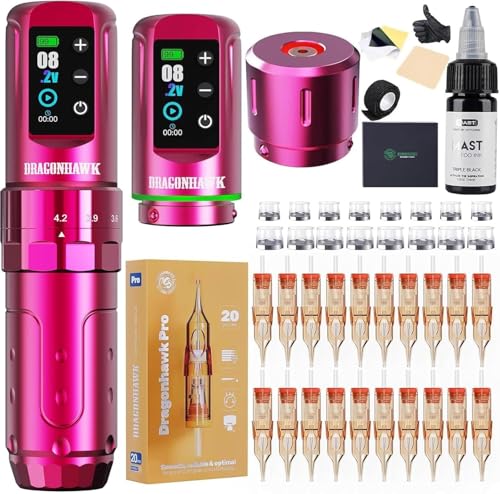 Dragonhawk L3 Tattoo Maschine Set, Kabellose Rotary Tattoo Gun Tätowiergeräte, 7 Strokes Length 2pcs Batteries 2000mAh Akku, RCA Connect,tattoo nadeln für Anfänger (TZ-256-3LY)