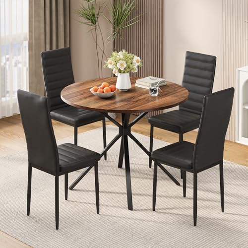 Xbro Essgruppe 5-Teilig, Runder Esstisch Ø100 cm und 4 Polsterstühle, Moderner Holz-Esstisch mit gepolsterten Esszimmerstühlen, für Küche, Esszimmer, Wohnzimmer, Vintage