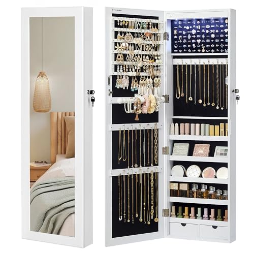 SONGMICS Schmuckschrank hängend, Wandspiegel, 6 LED-Glühbirnen, abschließbarer Spiegelschrank, Wandschrank, Wandmontage, an der Tür hängend, weihnachten, weiß mit Holzmaserung JBC93W