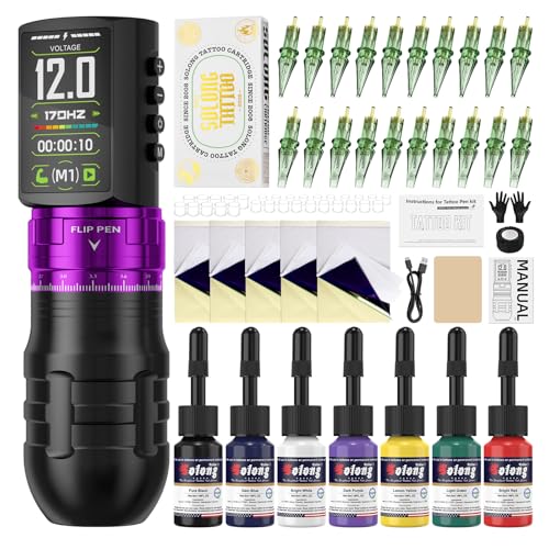 Solong Tattoo-Set, kabelloser Stift, 2300 mAh, einstellbare Spannung, 20 Nadeln und Transferpapier, professionelles Kit für Anfänger, EF-TKE754BEU-4
