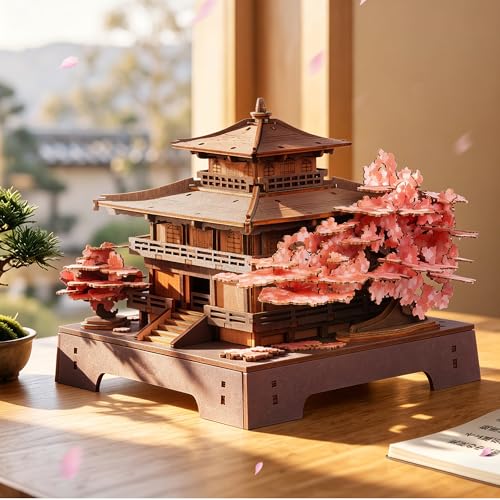 ROWOOD 3D Holzpuzzle für Erwachsene, Sakura Pavillon Modellbausatz, Japanische Kirschblüten Architektur Bastelset, DIY Holz Bausatz, Kreative Geschenke für Frauen, Deko