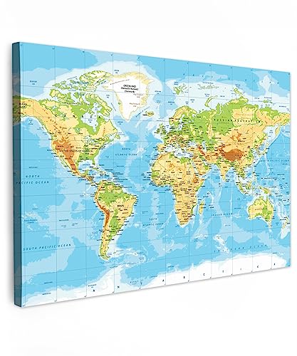 MuchoWow© Leinwand Bilder Groß 120x80 cm XXL Wanddeko Wohnzimmer Aesthetic Room Decor Deko Zimmer Wandbilder Modern Fotogeschenke Weltkarte - Landkarte Welt - Blau - Erde - Lehrreich