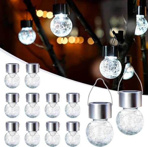 GIGALUMI 12 Stück Solar-Außenleuchten, Solar-Hängeleuchten für Weihnachtsdekoration, rissiges Glas, Solarleuchten für den Außenbereich, wasserdicht für Garten, Hof, Zaun, Baum (kaltweiß)