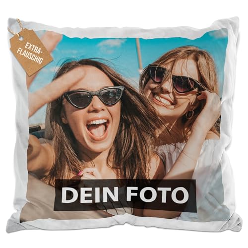 PR Print Royal Flauschigen Fotokissenbezug selbst gestalten - Kissenbezug personalisierbar mit Foto und Wunschtext, Geschenk zum Geburtstag | 40 x 40 cm - weiß-flauschig