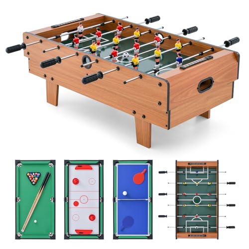 COSTWAY 4 in 1 Spieltisch, Tischkicker & Billard & Air Hockey & Tischtennis, Multifunktionstisch aus Holz, Tischfußball für Spielzimmer, Bars, Kickertisch für Kinder, Erwachsene (Braun)